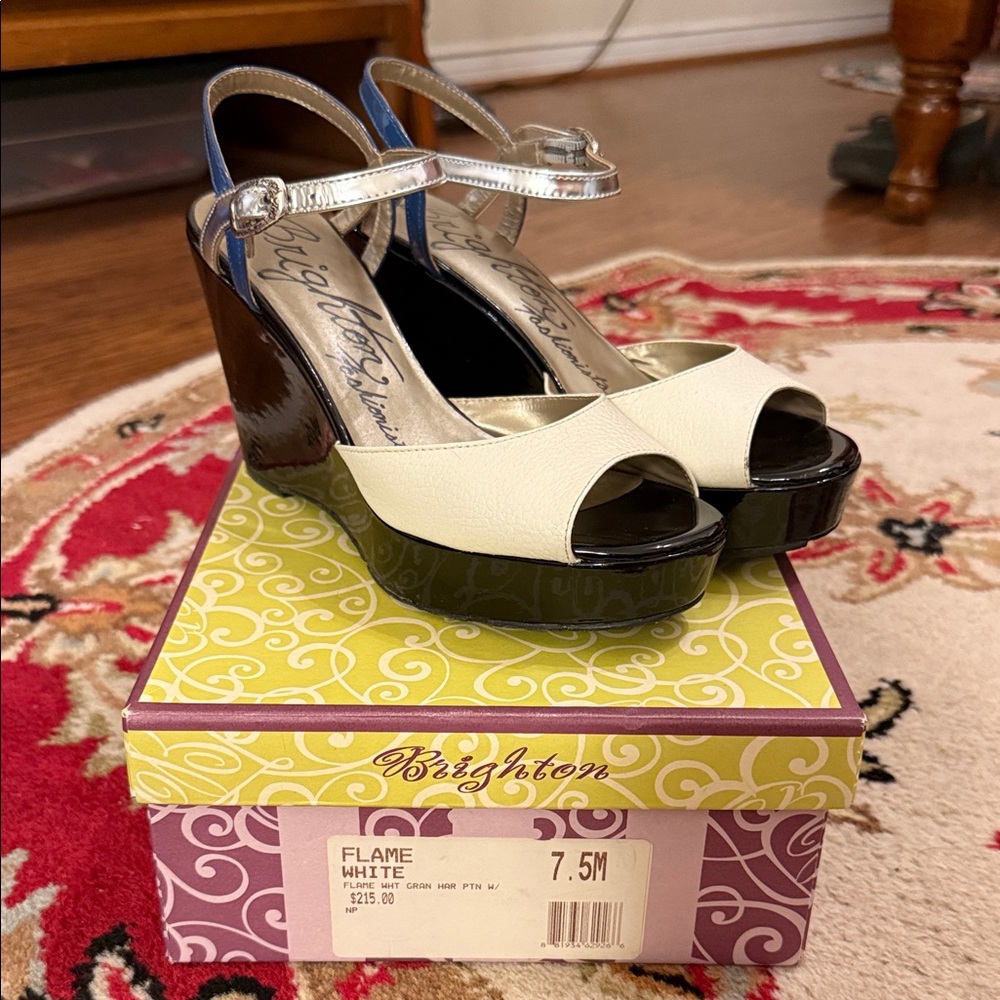 Brighton White and Black Wedge Sandals